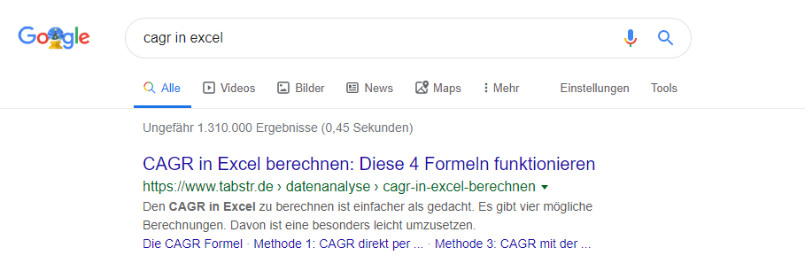 CAGR in Excel in der Google Suche